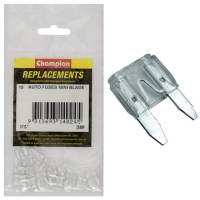 Champion 25Amp Mini Blade Fuse (Clear) -15pk