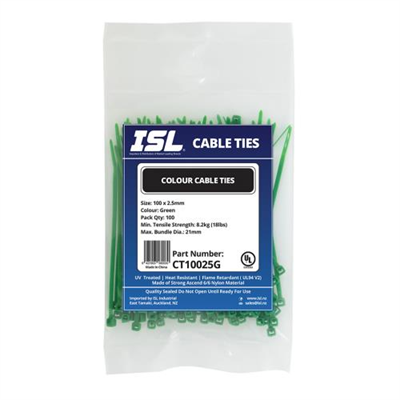 ISL 100 x 2.5mm Nylon Cable Tie - Green - 100pk