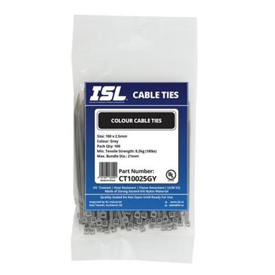 ISL 100 x 2.5mm Nylon Cable Tie - Grey - 100pk