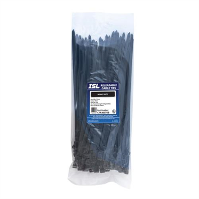 ISL 300 x 7.5mm UV Nylon Releasable Cable Tie - Blk - 100pk