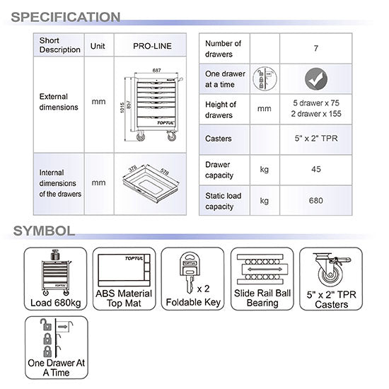 Toptul Tool Trolley 7 Draw Red 5xMedium 2xLarge Draws 687x459x857m Toptul TCAC0702