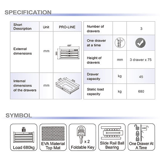 Toptul Tool Chest 3 Drawer Red 687x459x360mm Toptul TBAD0302