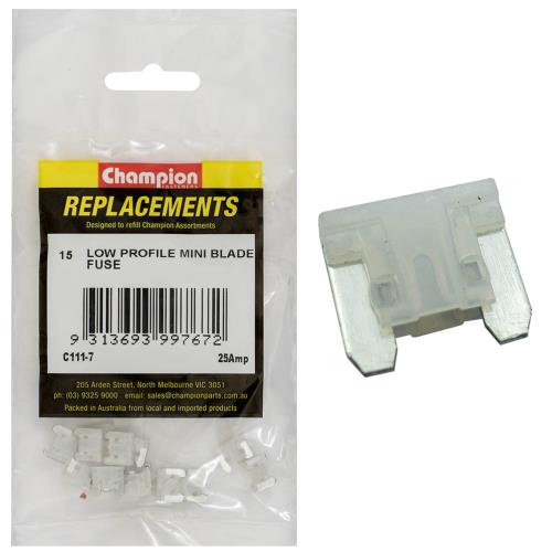 Champion 25Amp Low Profile Mini Blade Fuse (Clear) -15pk