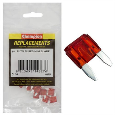 Champion 10Amp Mini Blade Fuse (Red) -15pk