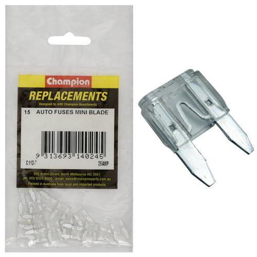 Champion 25Amp Mini Blade Fuse (Clear) -15pk