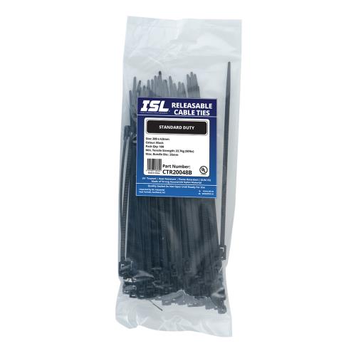 ISL 200 x 4.8mm UV Nylon Releasable Cable Tie - Blk - 100pk