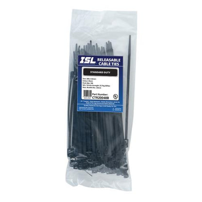 ISL 200 x 4.8mm UV Nylon Releasable Cable Tie - Blk - 100pk