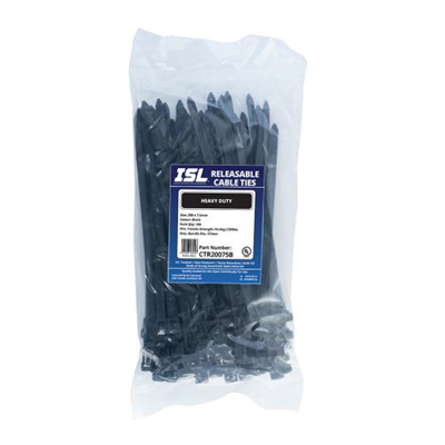 ISL 200 x 7.5mm UV Nylon Releasable Cable Tie - Blk - 100pk
