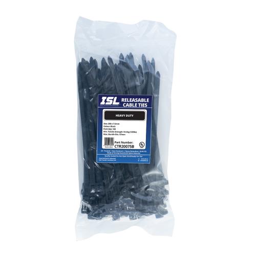 ISL 200 x 7.5mm UV Nylon Releasable Cable Tie - Blk - 100pk