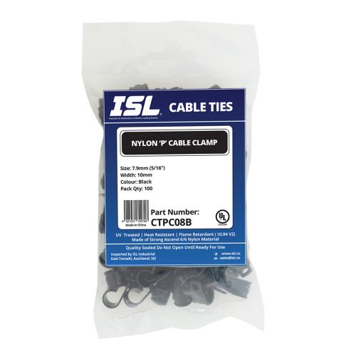 ISL Nylon 'P' Cable Clamp 8mm - Black - 100pk