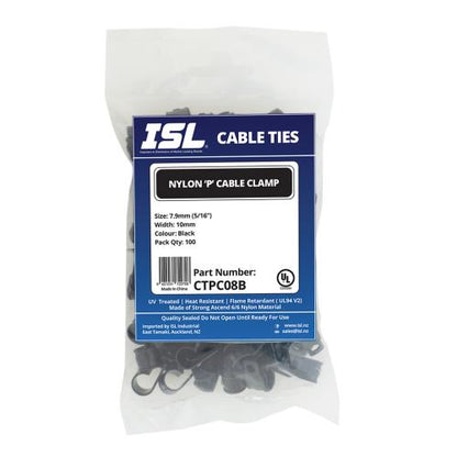 ISL Nylon 'P' Cable Clamp 8mm - Black - 100pk