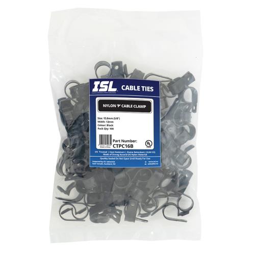 ISL Nylon 'P' Cable Clamp 16mm - Black - 100pk